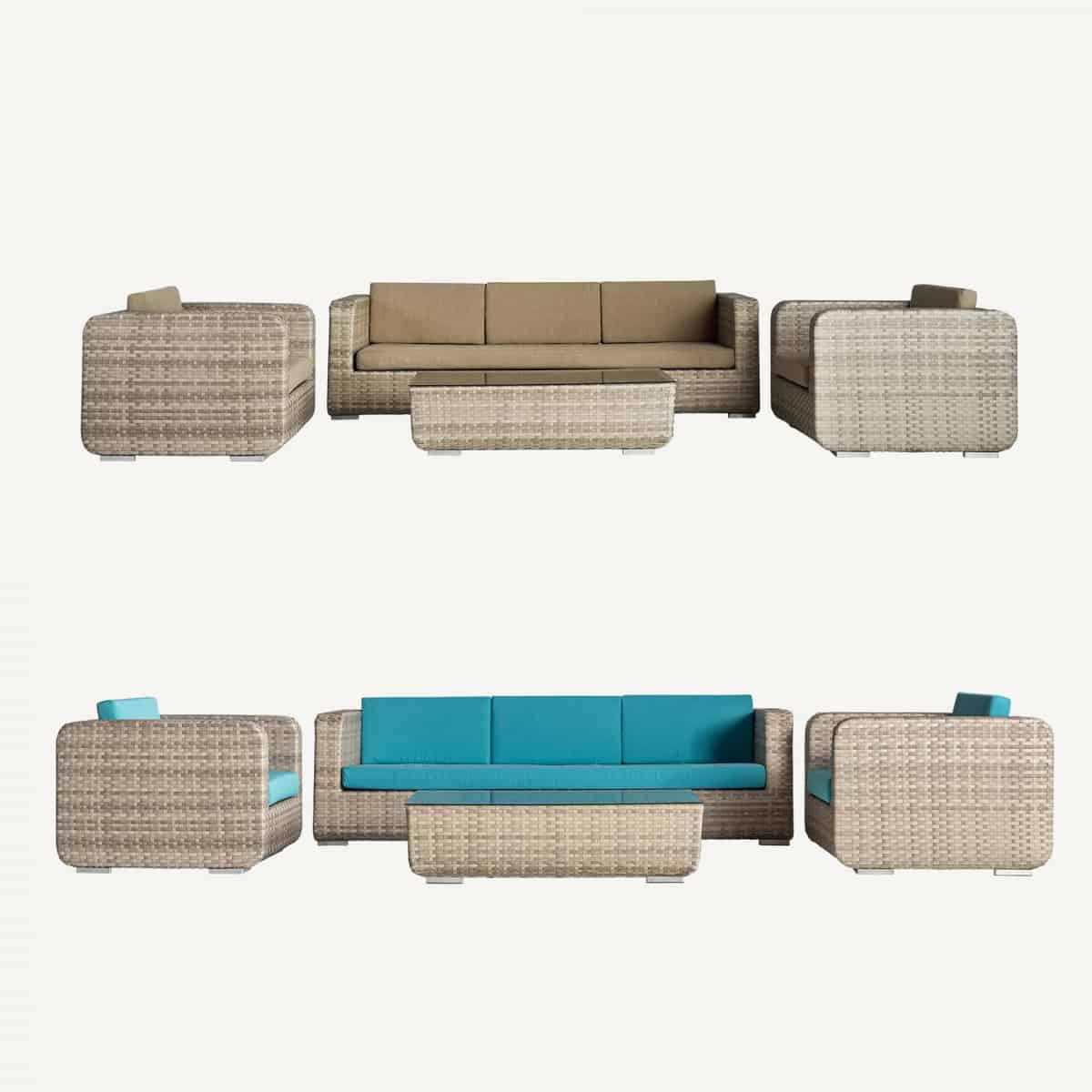 sofa fruges terraza beige y turquesa